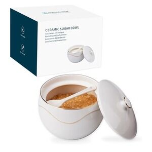 KitchenDAO Ceramic Sugar Bowl with Lid and Spoon White Gold Trim 11oz NEW